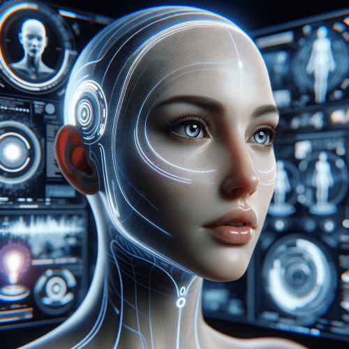 Hyper‑realistic humanoid AI avatar interacting with holographic VR interface in a sleek metaverse room with floating UI panels and spatial lighting