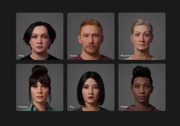 “Photorealistic synthetic humanoid face with glowing technical interface overlay, set against a cyber‑control room environment with data streams and holographic screens.