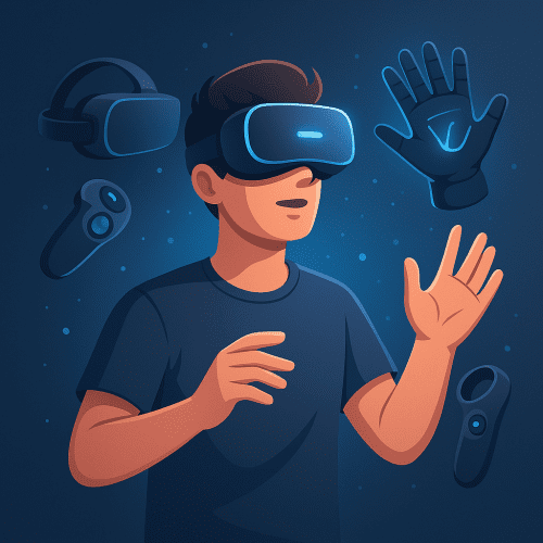 Jeune homme utilisant un casque de réalité virtuelle avec des gadgets interactifs comme des gants haptiques et des manettes