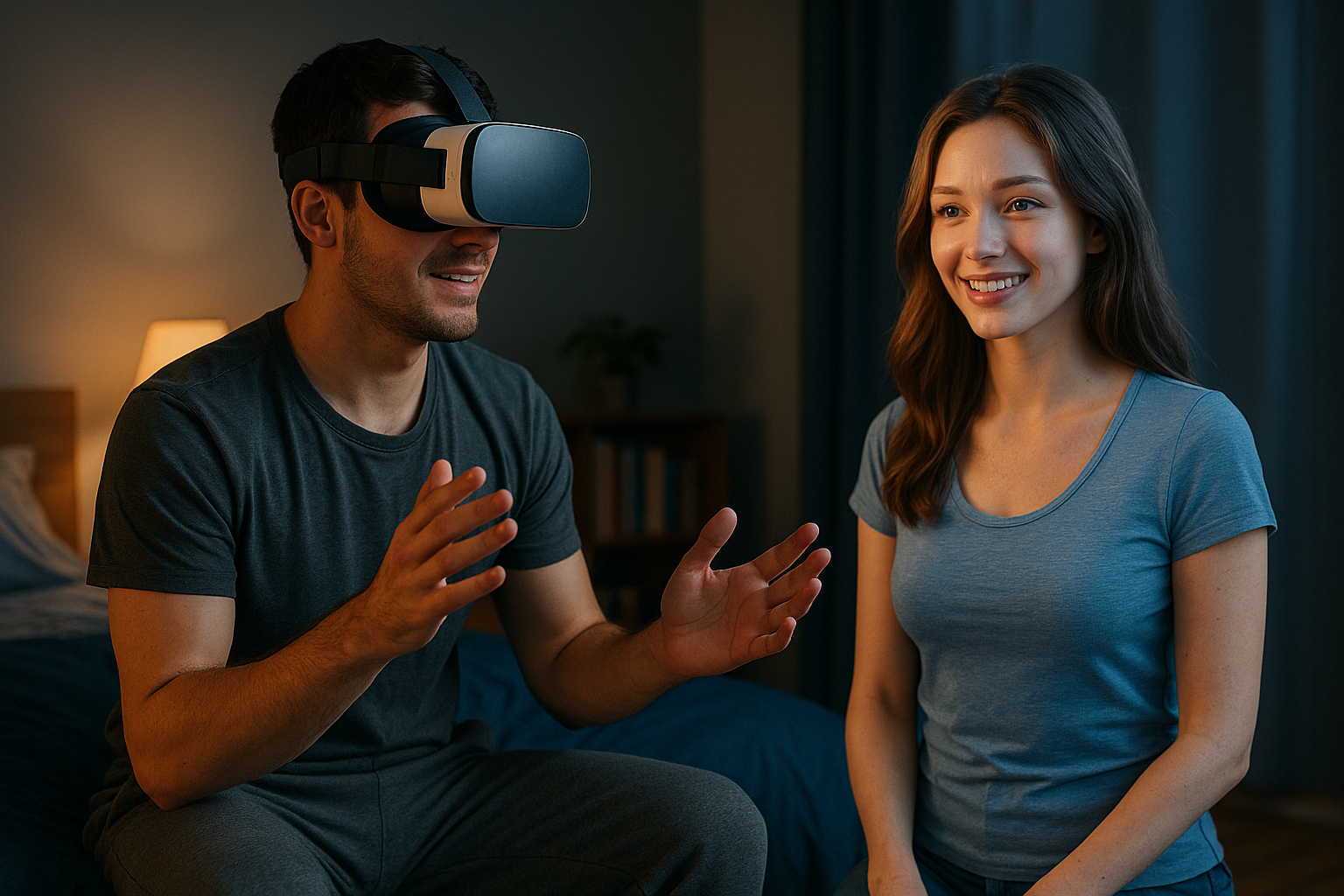 jeune homme avec casque VR parlant à une petite amie virtuelle dopée à l'IA