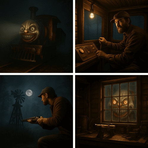 Le héros du jeu Choo-Choo Charles aux commandes de son train dans une atmosphère sombre et inquiétante
