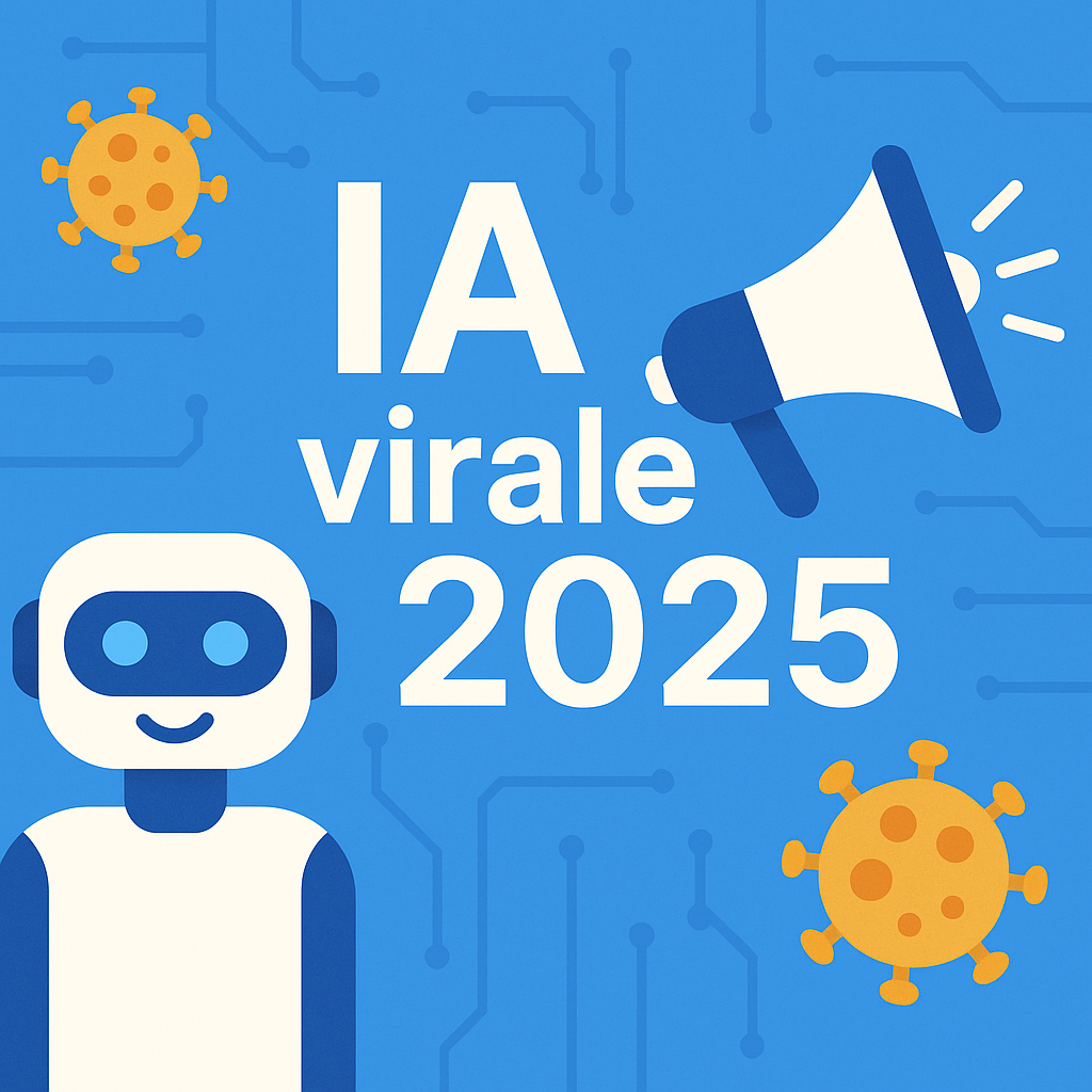 Illustration stylisée d’un robot souriant avec un mégaphone et des icônes virales autour du texte « IA virale 2025 » sur fond bleu technologique.