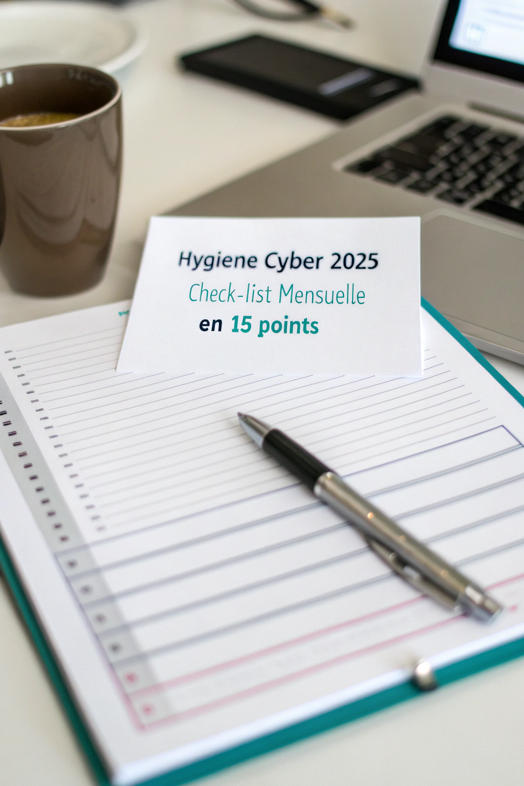 Illustration d'une check-list d'hygiène cyber 2025 avec des icônes de cadenas, mises à jour et protection